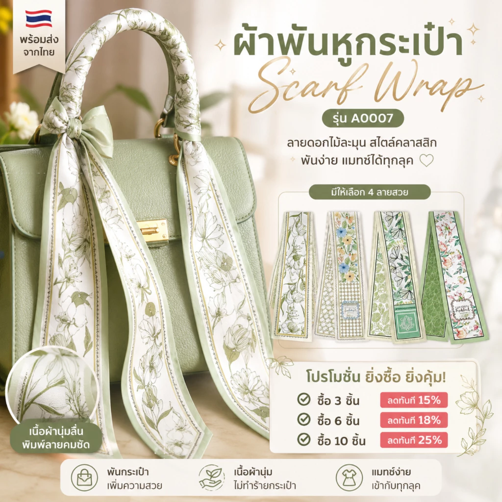 A0007 ผ้าพันหูกระเป๋า ลายดอกไม้พาสเทล 4 สไตล์ ผ้าผูกกระเป๋า/ผูกผม สไตล์เกาหลีวินเทจ พร้อมส่งจากไทย