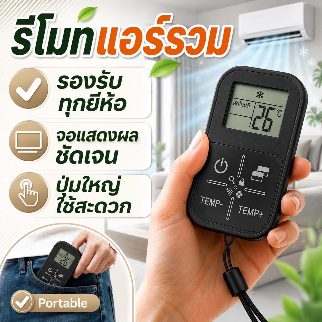 THAI รีโมทแอร์ รีโมทแอร์อเนกประสงค์ ใช้ได้ทุกยี่ห้อ จอ LCD ชัดเจน ตั้งอุณหภูมิได้ ปุ่มใหญ่ ใช้งานง่าย พร้อมสายคล้อง