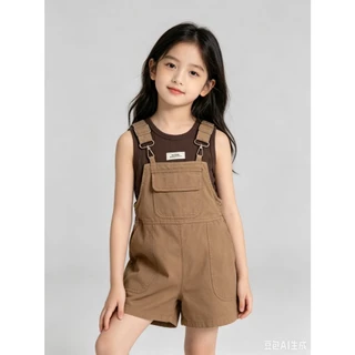 BB345 กางเกงขาสั้นสายสะพายเด็กผู้หญิง ผ้าสบายๆ เซตเสื้อกล้ามลายเรียบ ชุดไปเที่ยว