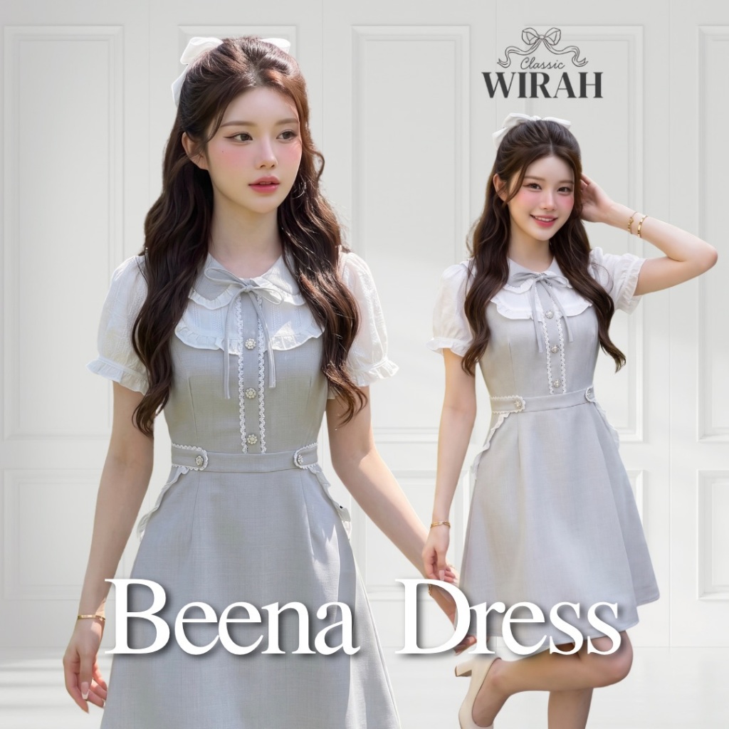 FW186 Beena Dressชุดเดรสสั้นทรงเข้ารูป ผ้าทอลินิน ปกบัวแต่งระบายรอบปก ด้านหน้าแต่งสาบแทรกลูกไม้ติดกระดุม ที่คอเชือกผ