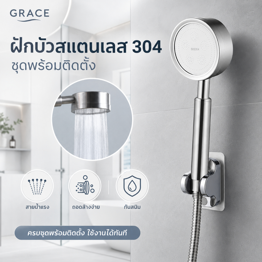 GRACEชุดฝักบัวอาบน้ำ สแตนเลสเกรด 304 กันสนิม ติดตั้งง่าย