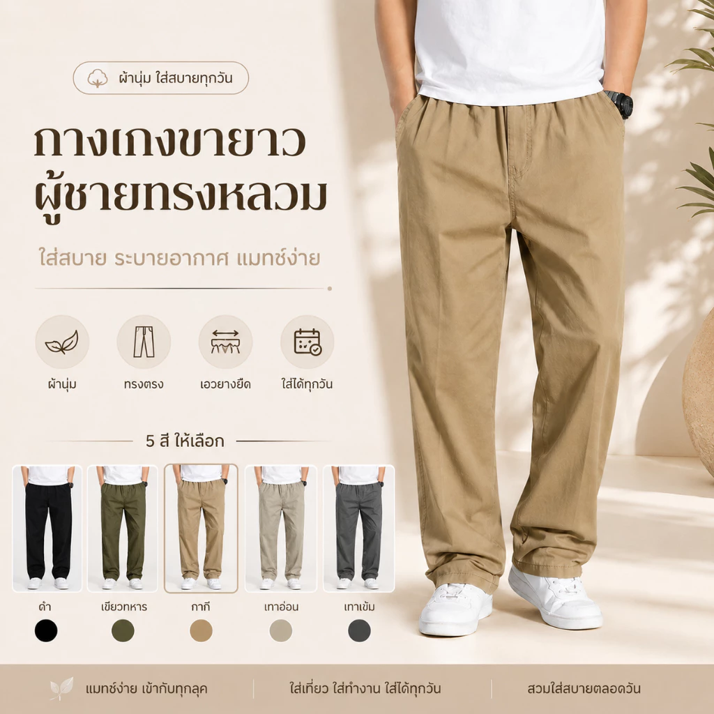 กางเกงขายาวผู้ชาย กางเกงผ้าลำลอง เอวยางยืด เชือกผูก ทรงหลวม ผ้านุ่ม ระบายอากาศ ใส่สบาย ไซซ์ใหญ่ ทำงาน เที่ยว ใส่ทุกวัน