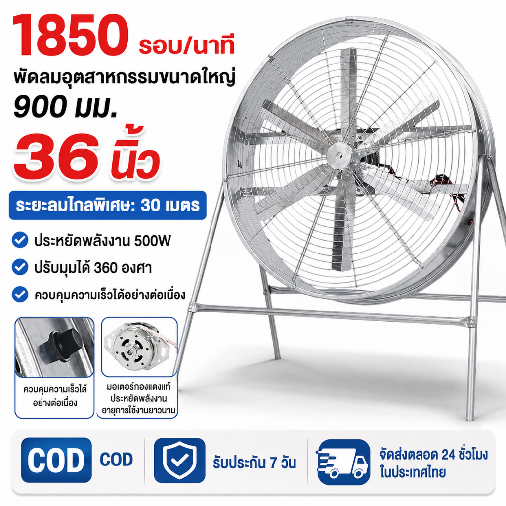 พัดลมอุตสาหกรรมขนาด 36 นิ้ว 800 มม. ปรับความเร็วลมได้ ปริมาณลมมาก เพื่อระบายความร้อนและระบายอากาศ ใช้ในงานเกษตร