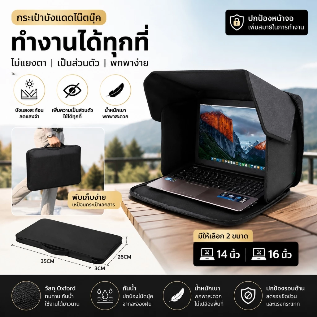 ที่บังแดดโน้ตบุ๊ก Laptop Sun Shade 14/16 นิ้ว ฮู้ดบังแสงจอ พับได้ พกพาง่าย ลดแสงสะท้อน ใช้กลางแจ้ง