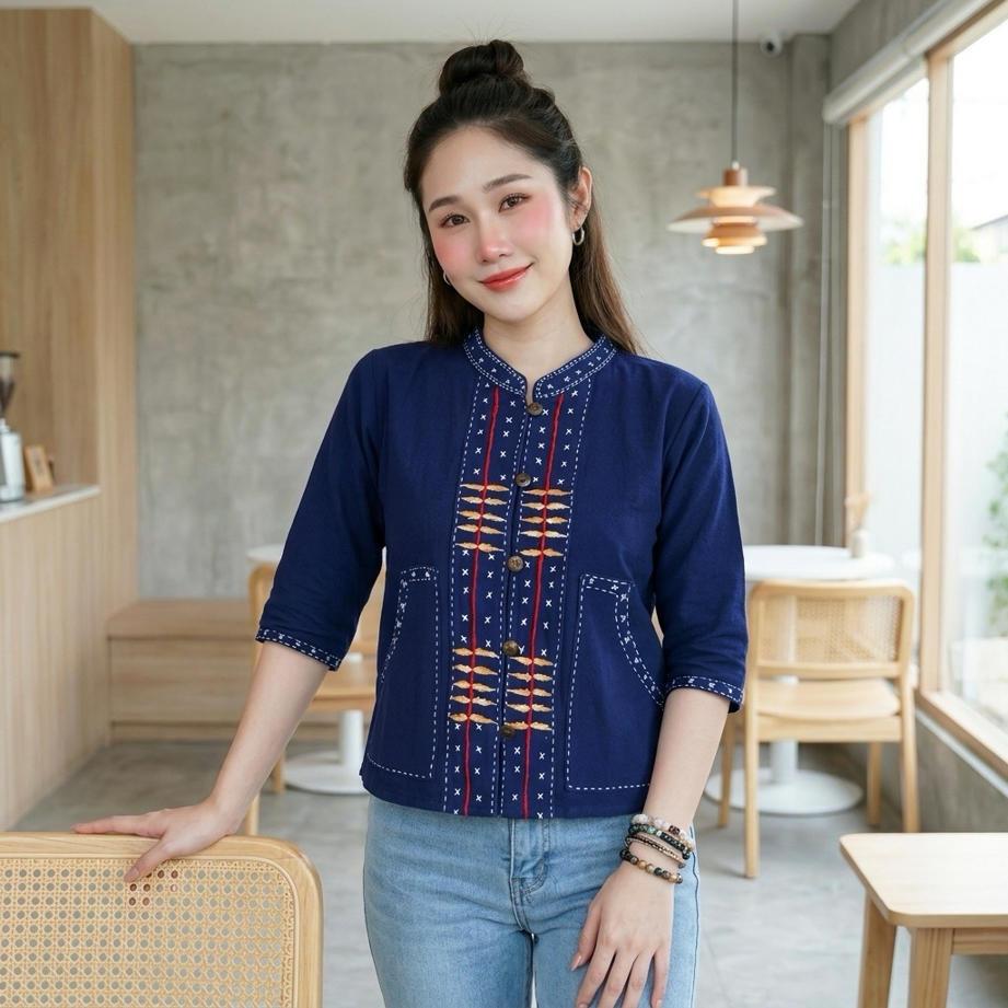 เสื้อผ้าฝ้ายผู้หญิง ปักรวงข้าว งานปักมือ Handmade ผ้าฝ้าย