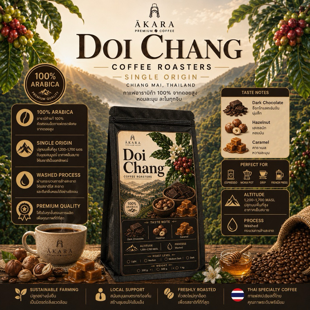 เมล็ดกาแฟอาราบิก้าคั่ว ดอยช้าง (DOI CHANG)