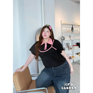 /JR/ เสื้อคอปกแต่งเลเยอร์ ไซส์อก38-50 เสื้อ+แต่งสายเดี่ยว ตัดขอบสีชมพู กระดุมหลากสี น่ารักมาก #สาวอวบอ้วน พลัสไซส์