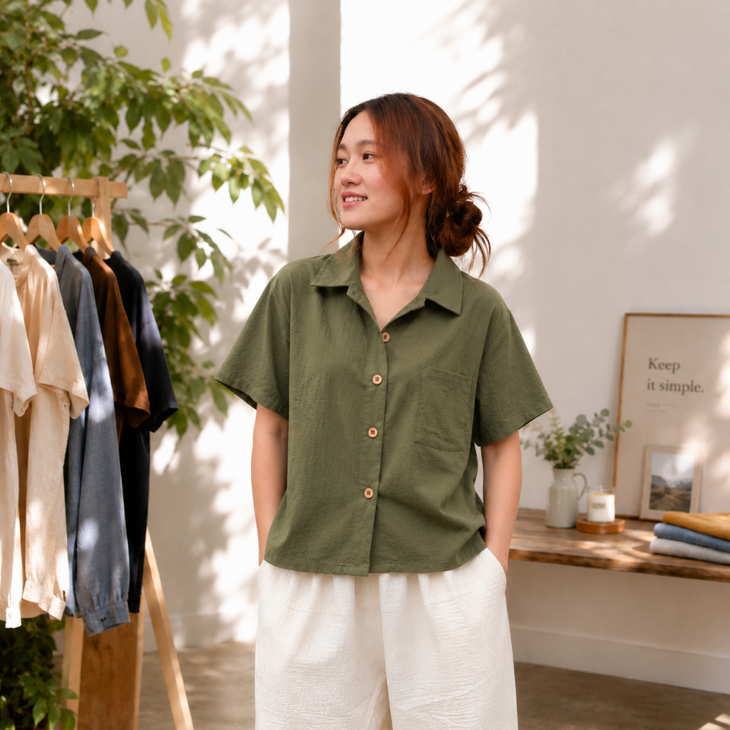 lamoonta.store เสื้อเชิ้ตผู้หญิง เสื้อคอปกผู้หญิง แขนสั้น ผ้าฝ้าย ทรง oversize ลุคสาวออฟฟิศ มินิมอล  สไตล์เชียงใหม่