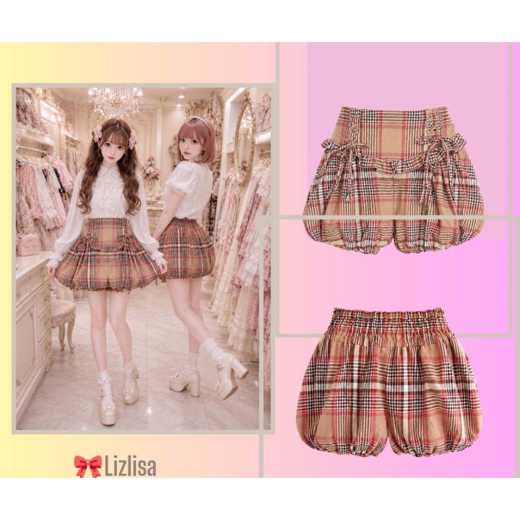 กางเกง Lizlisa มือ 1 ของใหม่ เอ็นห้อยป้ายยังอยู่✨ LIZ LISA Balloon Shorts ลายสก็อตโทนชมพูน้ำตาล ✨ แบ