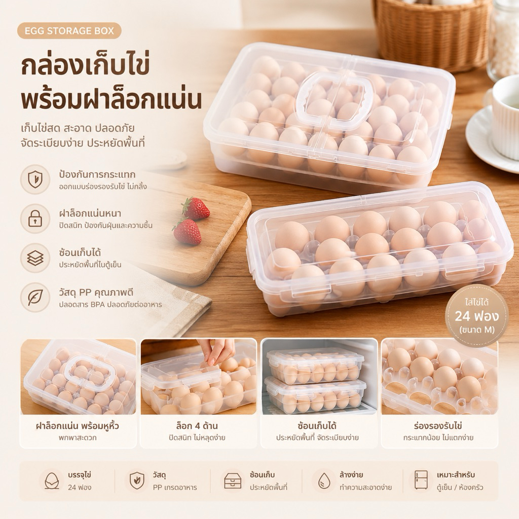 FreshEgg Storage Box – กล่องเก็บไข่พร้อมฝาปิด | ถาดเก็บไข่กันแตก สำหรับตู้เย็น | วางซ้อนประหยัดพื้นที่