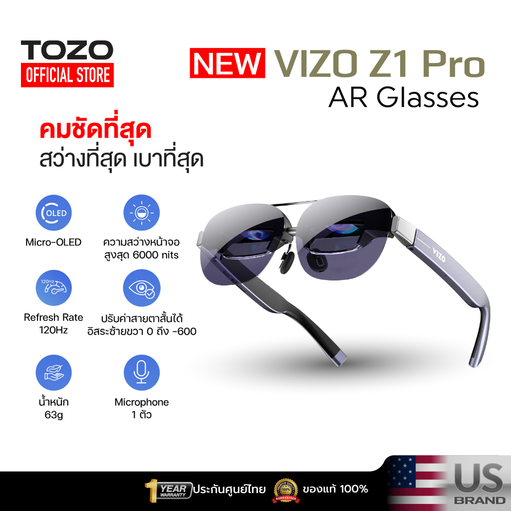 [ประกันศูนย์ไทย] TOZO VIZO Z1 Pro แว่นตา AR Glasses อัจฉริยะ Micro-OLED 120Hz