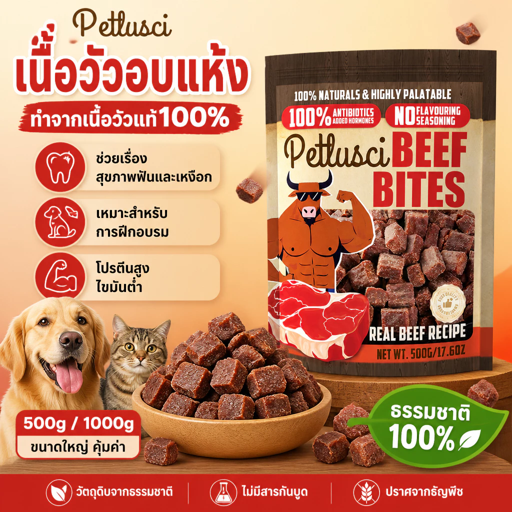 ขนมสุนัข เนื้อวัวเม็ด 500 กรัม เนื้อวัวแท้ 100% เนื้ออบแห้ง โปรตีนสูง เพิ่มความต้านทาน ไม่ปรุงแต่งรส