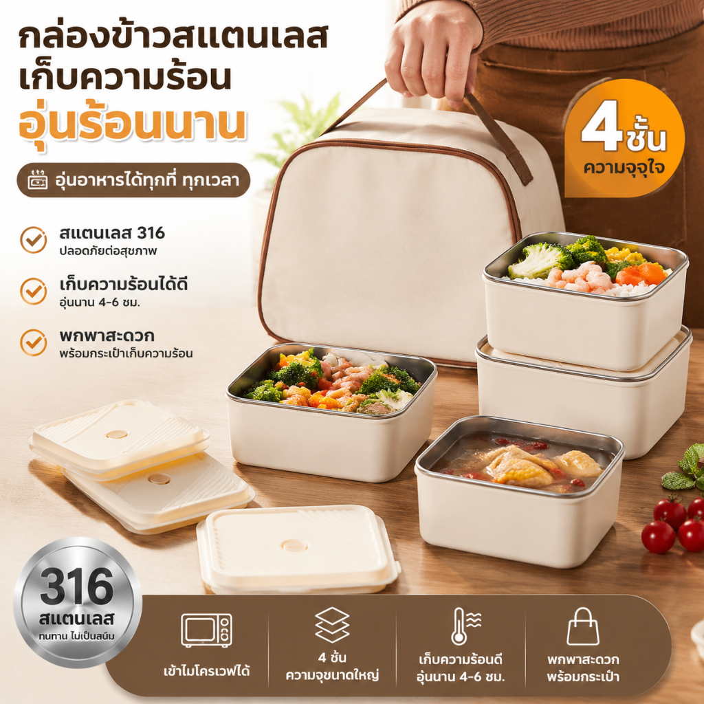 กล่องข้าว กล่องใส่อาหาร กล่องเก็บอาหารพร้อมฝาปิด 2-4ชั้ เข้าไมโครเวฟได พกพาง่าย เก็บความร้อนได้ด สเตนเลส304กล่องข้