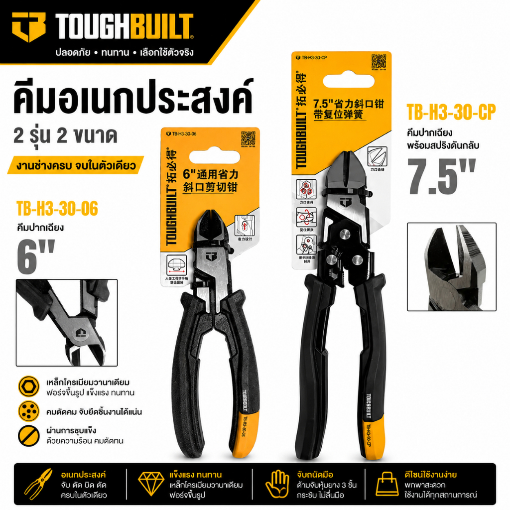 พร้อมส่งในไทย TOUGHBUILT รุ่น คีมตัด ขนาด 6 นิ้ว (TB-H3-30-06) / 7.5 นิ้ว (TB-H3-30-CP)
