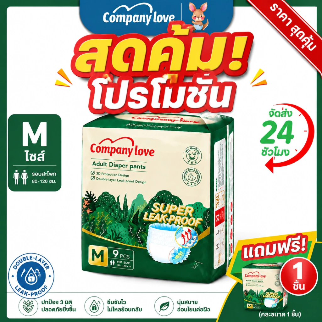 【ราคาส่งพิเศษ!!】 Company Love กางเกงผ้าอ้อมผู้ใหญ่ ไซส์ M ดูดซับได้ 1200CC นุ่มสบายไม่รั่ว 1แพ็ค 9ชิ้น ใช้ได้ทั้งชายหญิง
