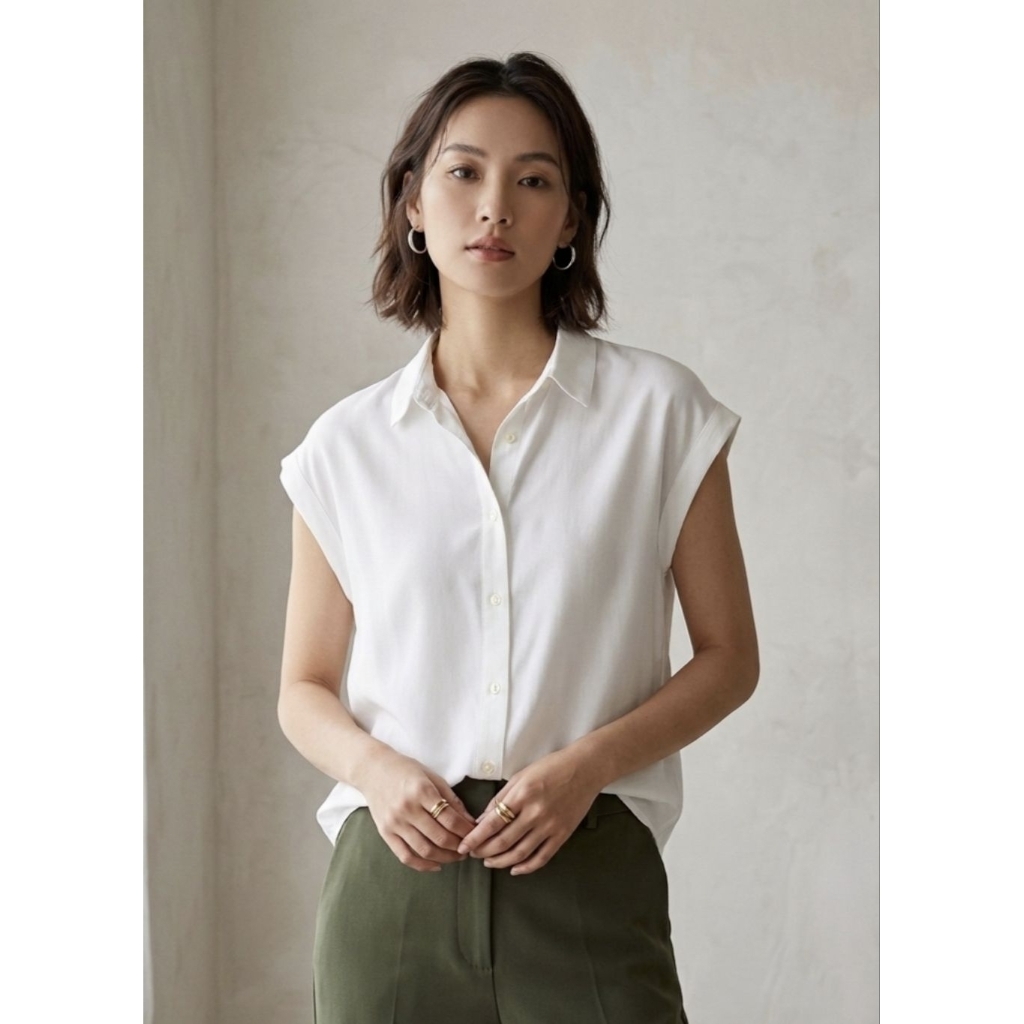 Lefties เสื้อเชิ้ต ทรงแขนล้ำ สีขาว ผ้าพริ้ว มีหลายไซส์