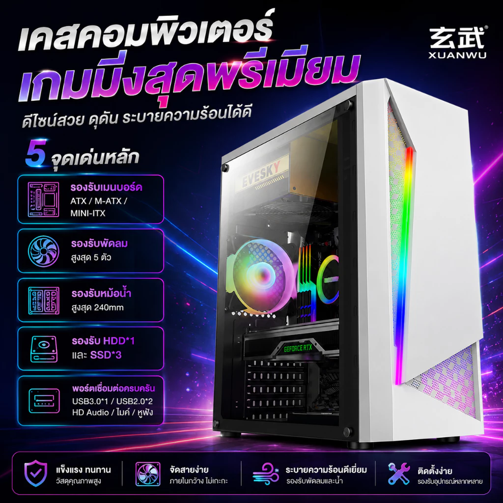 EVESKY Lingguang กรณีคอมพิวเตอร์เดสก์ทอปกรณีเต็มด้าน, RGB Dazzle แถบแสงสีเกมน้ำเย็นสนับสนุน ATX กรณีคอมพิวเตอร์เกมกระดาน