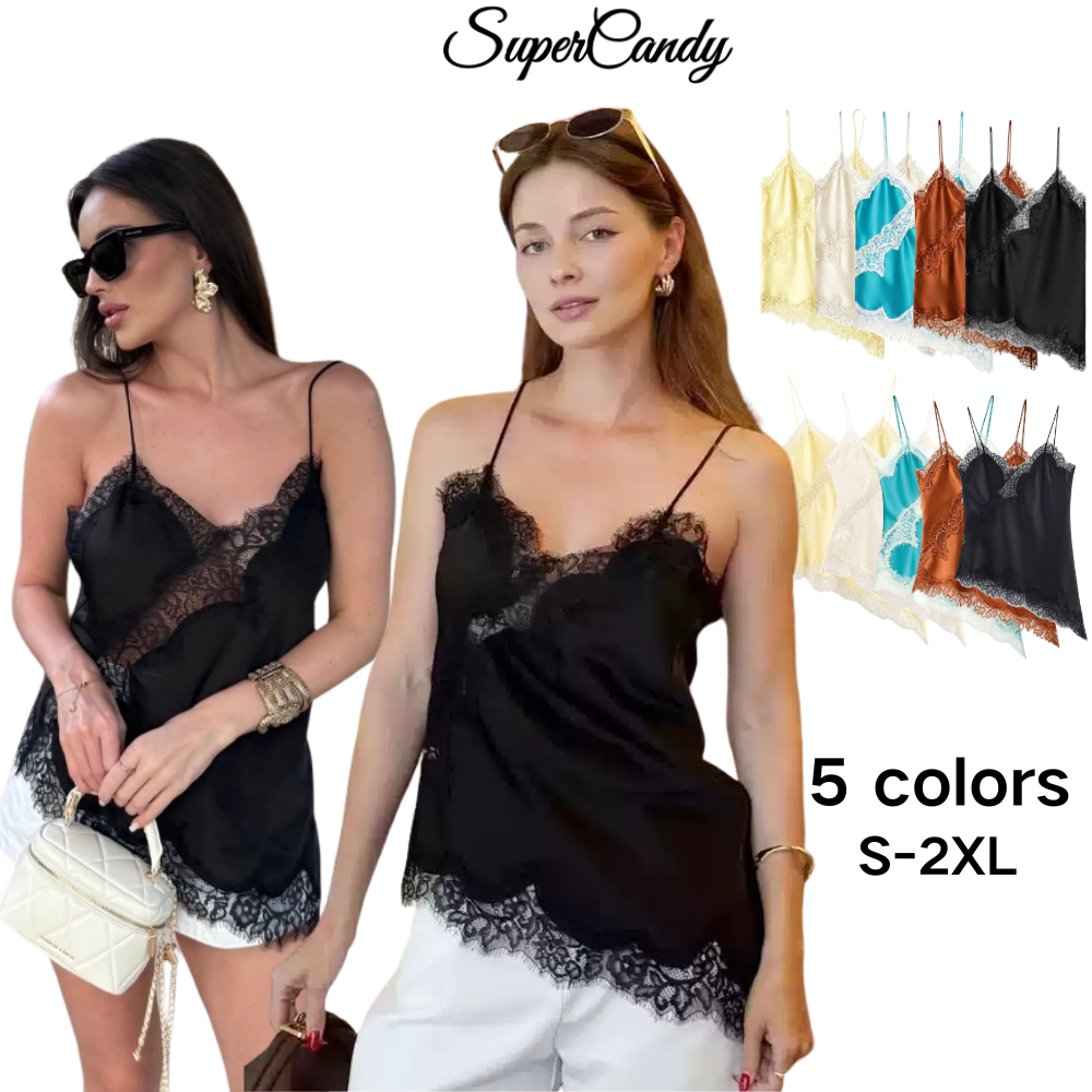 SuperCandy เสื้อกล้ามสายเดี่ยวคอวีประดับลูกไม้สไตล์อ่อนหวานเซ็กซี่ ทรงกระชับแสดงรูปร่างสวย