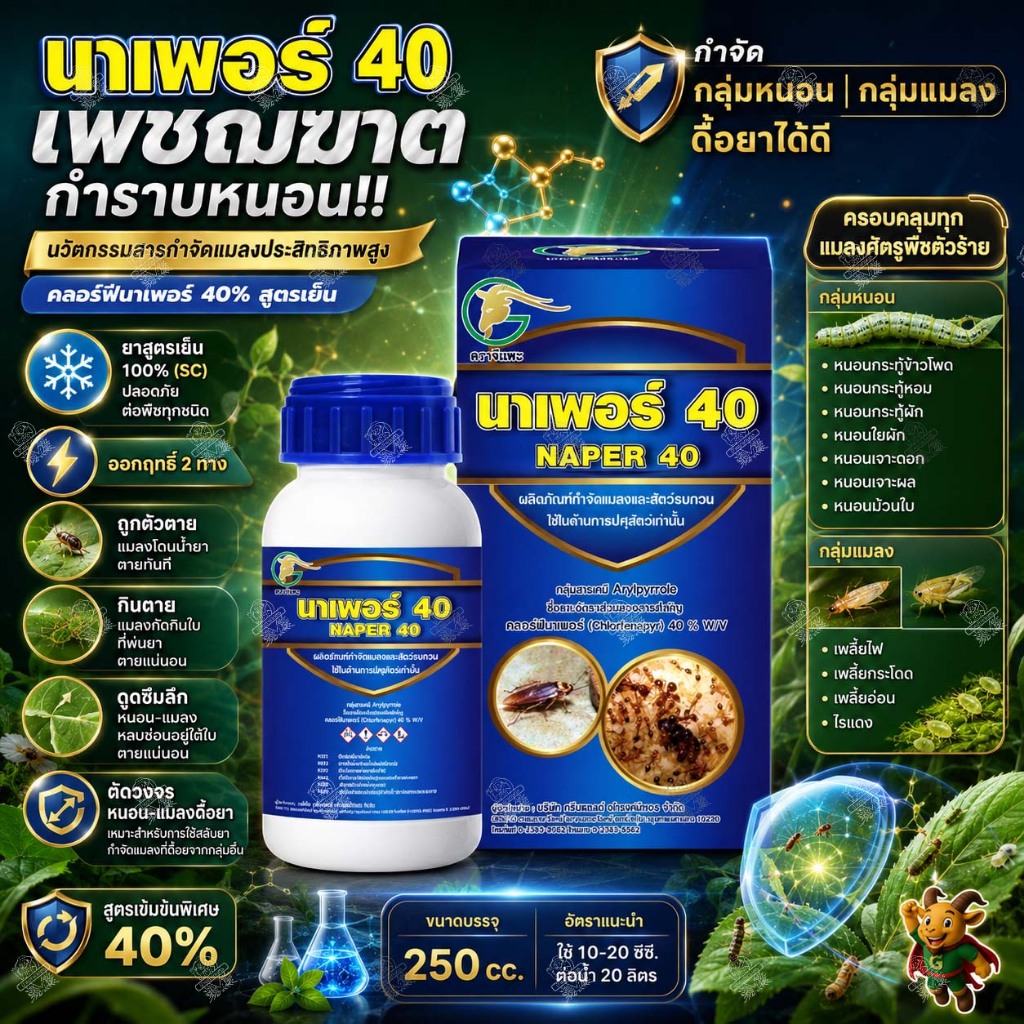 นาเพอร์ 40 คลอร์ฟีนาเพอร์ 40% (250 ซีซี) หนอนกระทู้หนอนเจาะ หนอนดื้อยา เพลี้ยไฟ ไรแดง หนอนหนังเหนียว