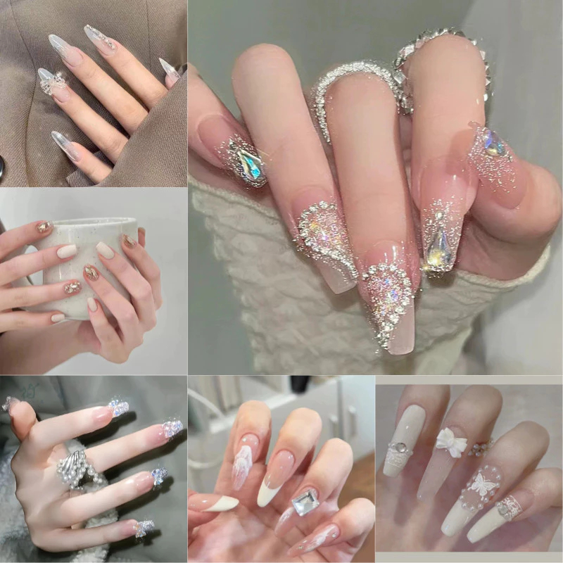 ชุดสีขาว🔥พร้อมส่ง🔥เล็บปลอมประดับมุกและคริสตัล 3D วิบวับสว่าง