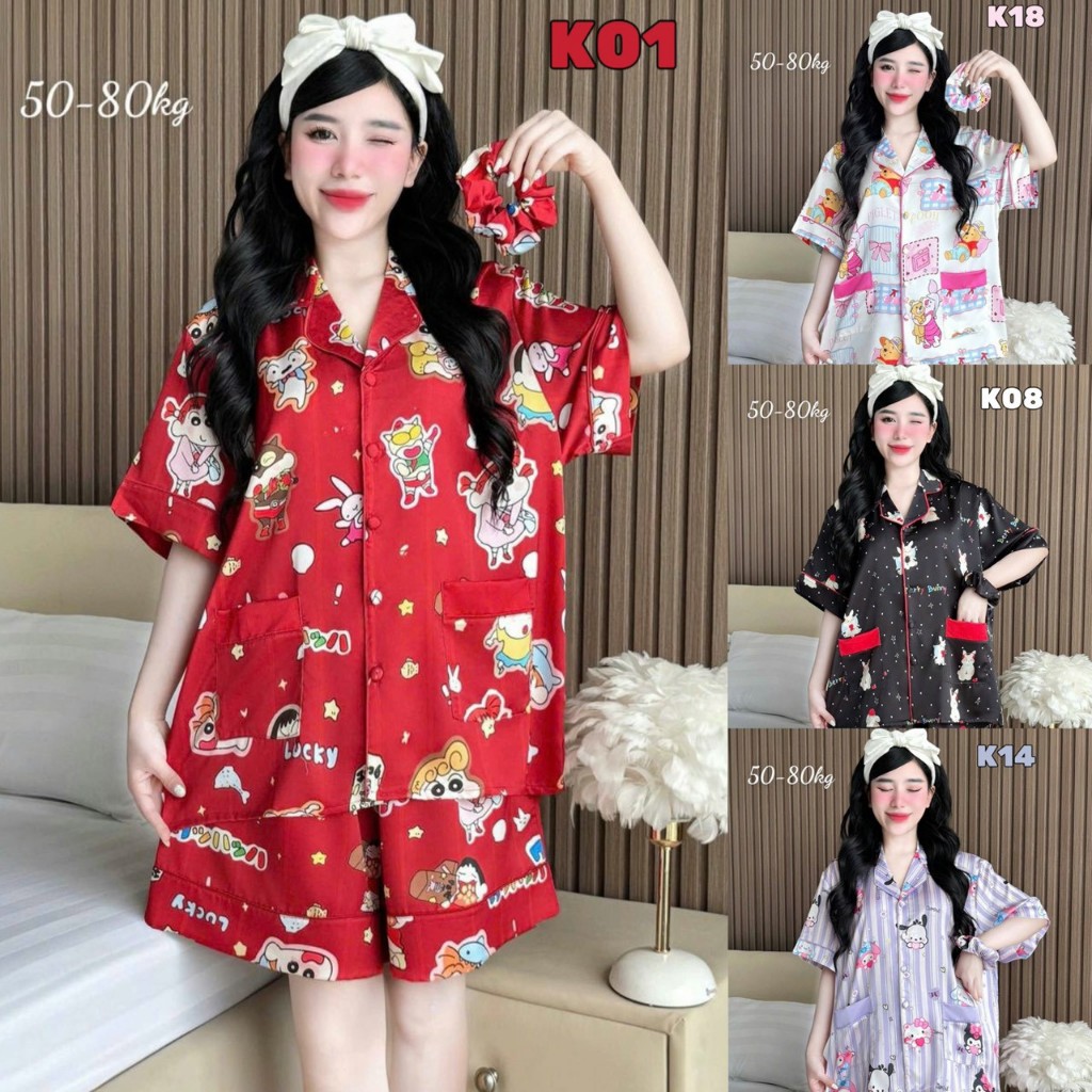 🔥งานใหม่เซต3ชิ้น🔥แขนสั้น-ขาสั้น อก44” (เกรดพรีเมี่ยม) ผ้าไหมSilk Satin นุ่ม ลื่น ใส่สบายไม่ต้องรีดก็ใส่ได้