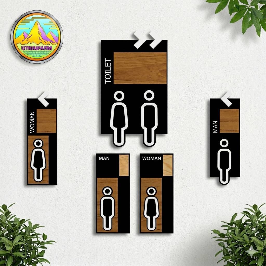 รวม ...ป้ายห้องน้ำ อะครีลิคเลเซอร์ พร้อมติดฟิล์มลายไม้ แนวตั้งมีดีไซน์ WOOD STICKER [UTHAIFARM Ads.]