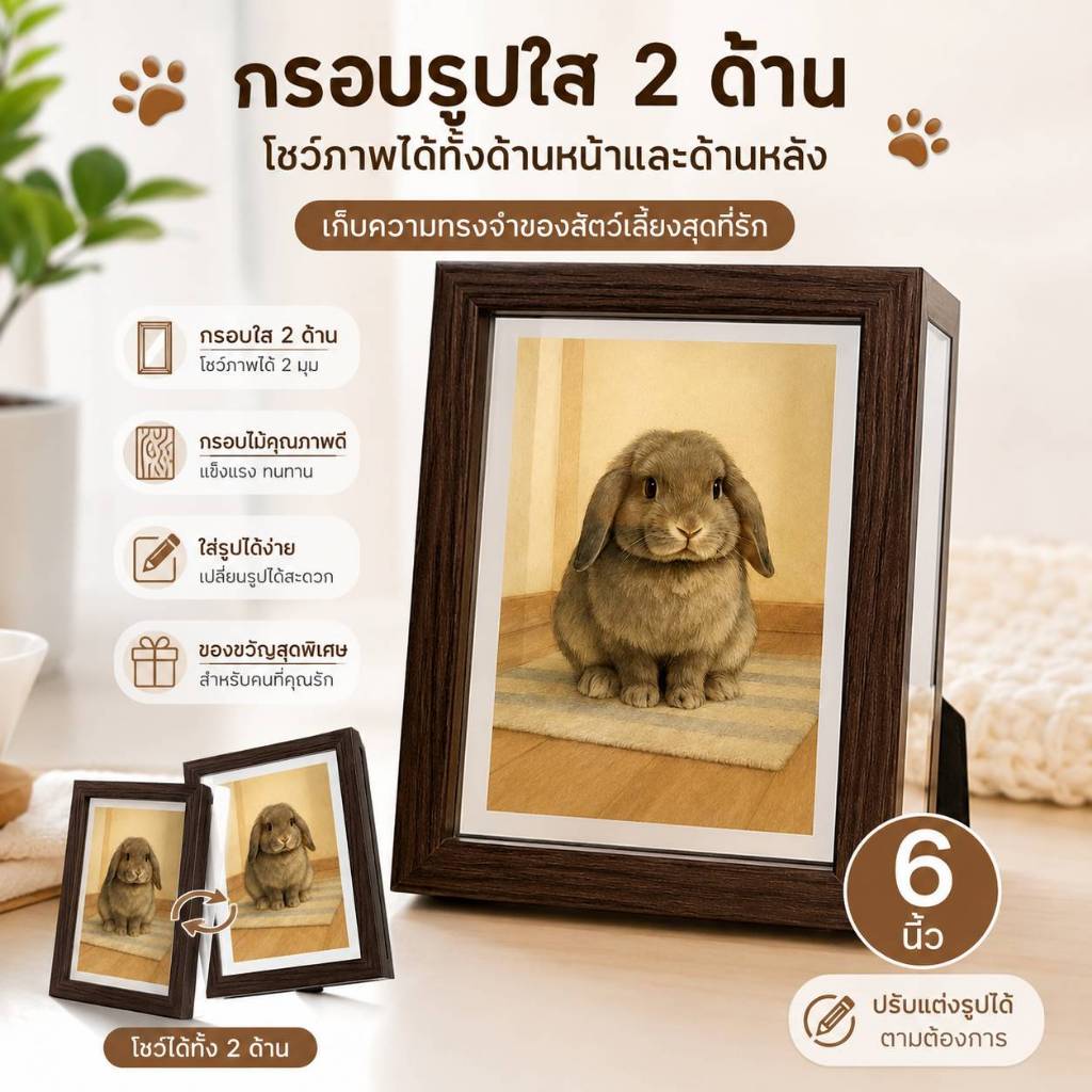 กรอบรูปความทรงจำสัตว์เลี้ยง กรอบรูปกระต่าย 6 นิ้ว กรอบใสสองด้าน ของขวัญสุดอบอุ่น