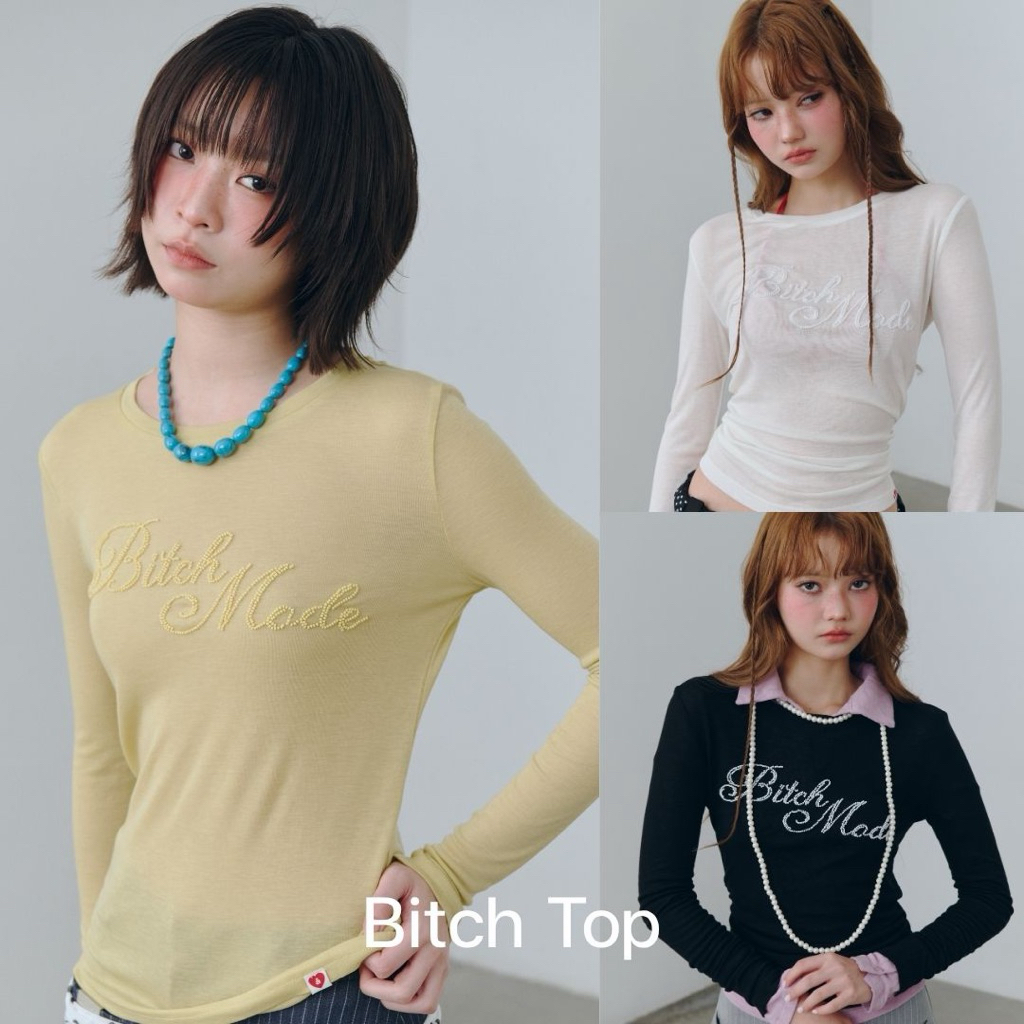 AMUSE BKK - Bitc Top เสื้อแขนยาวผ้ายืดกึ่งซีทรู ร้อยลูกปัดอักษรเพิ่มมิติ ทรงเข้ารูปพอดีตัว ใส่สบาย
