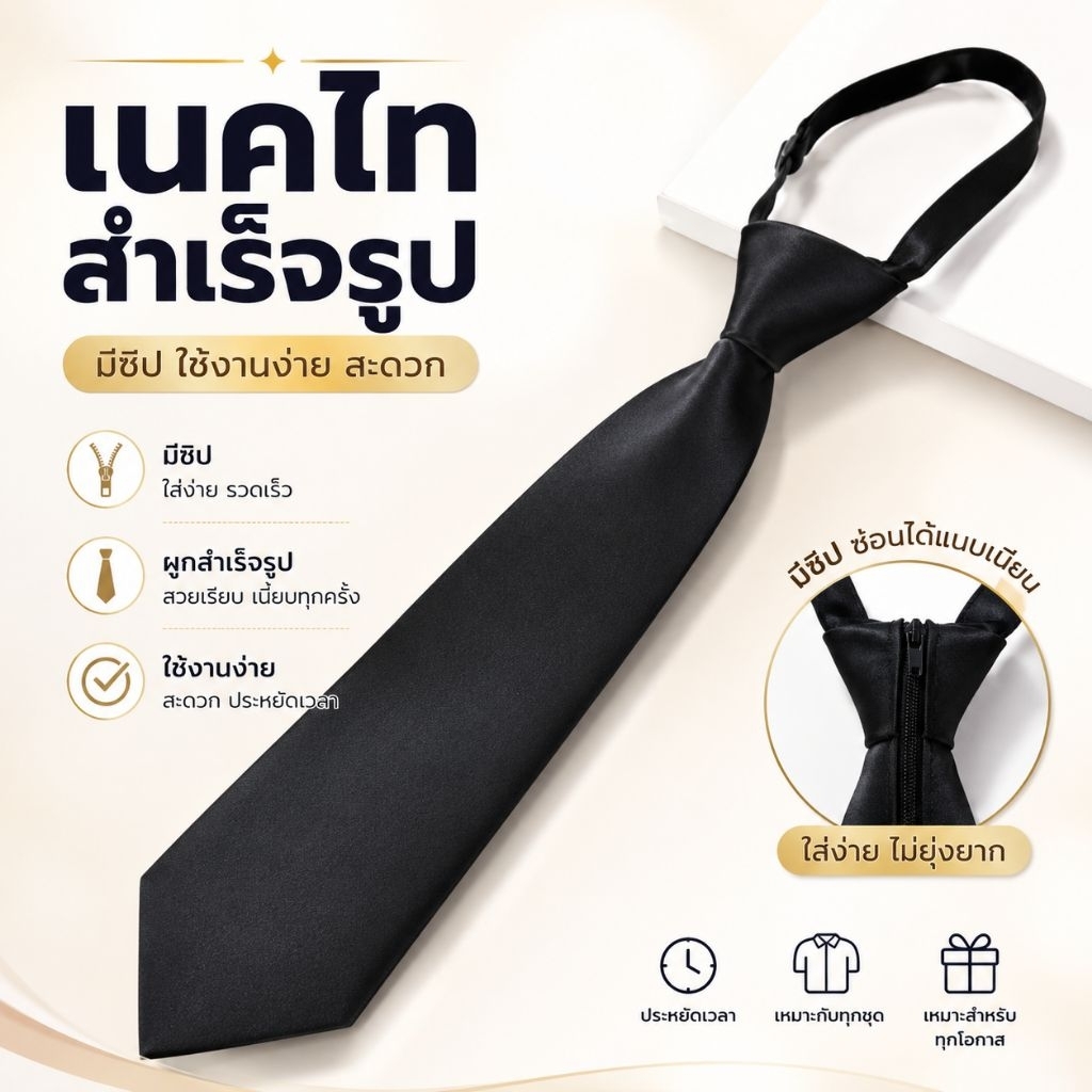 เนคไท้ สำเร็จ มีซิป สีดำ ใช้งานง่าย