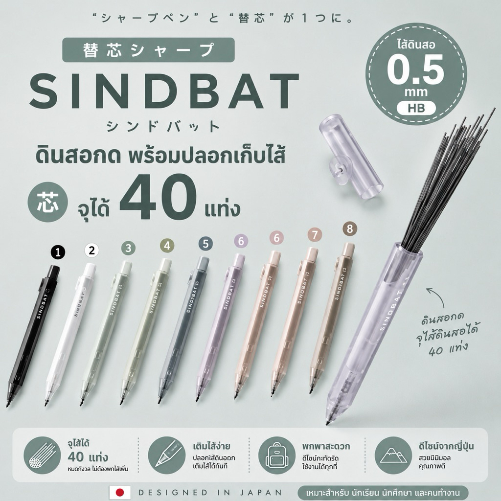 พร้อมส่ง  ภายใน 15 วัน !!! ดินสอกด จุไส้ sindbat 0.5 mm new limited item (10) (HBT) 7.2/2026