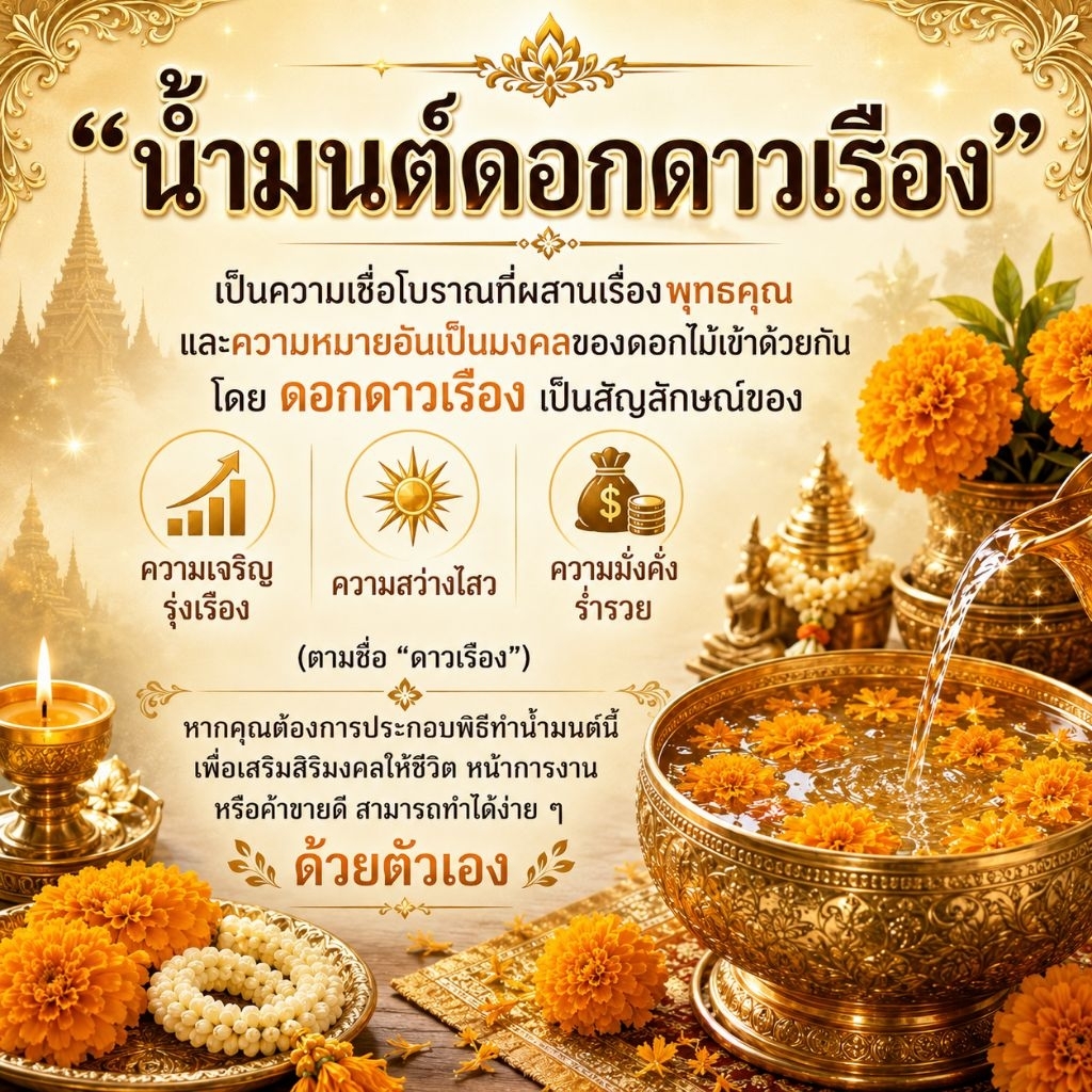 น้ำมนต์ดอกดาวเรือง เป็นสัญลักษณ์ของความเจริญรุ่งเรือง ความสว่างไศว และความมั่งคั่งร่ำรวย
