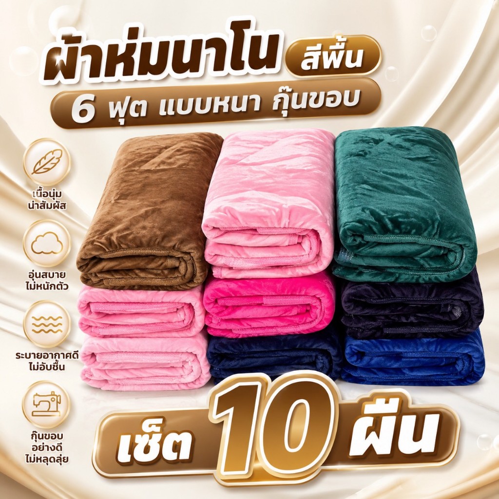 (เซ็ต10ผืน)ผ้าห่มนาโน 6 ฟุตบางสีพื้นแบบหนา กุ๊นขอบ 180*200ซม.