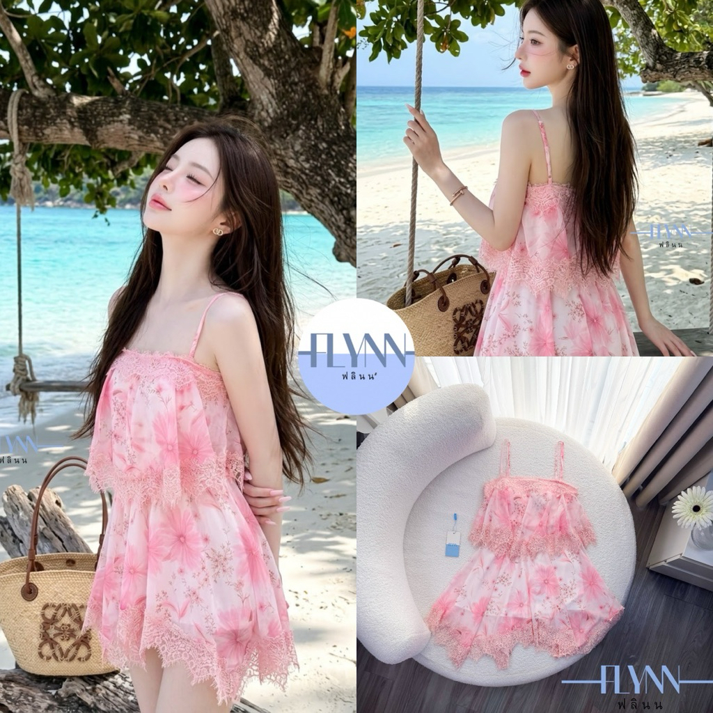 D8 งานป้าย Flynn Dress เดรสสั้นสายเดี่ยวพิมพ์ลายแต่งลูกไม้ สำหรับผู้หญิง เสื้อผ้าแฟชั่นผู้หญิง ไซส์ Xs-L