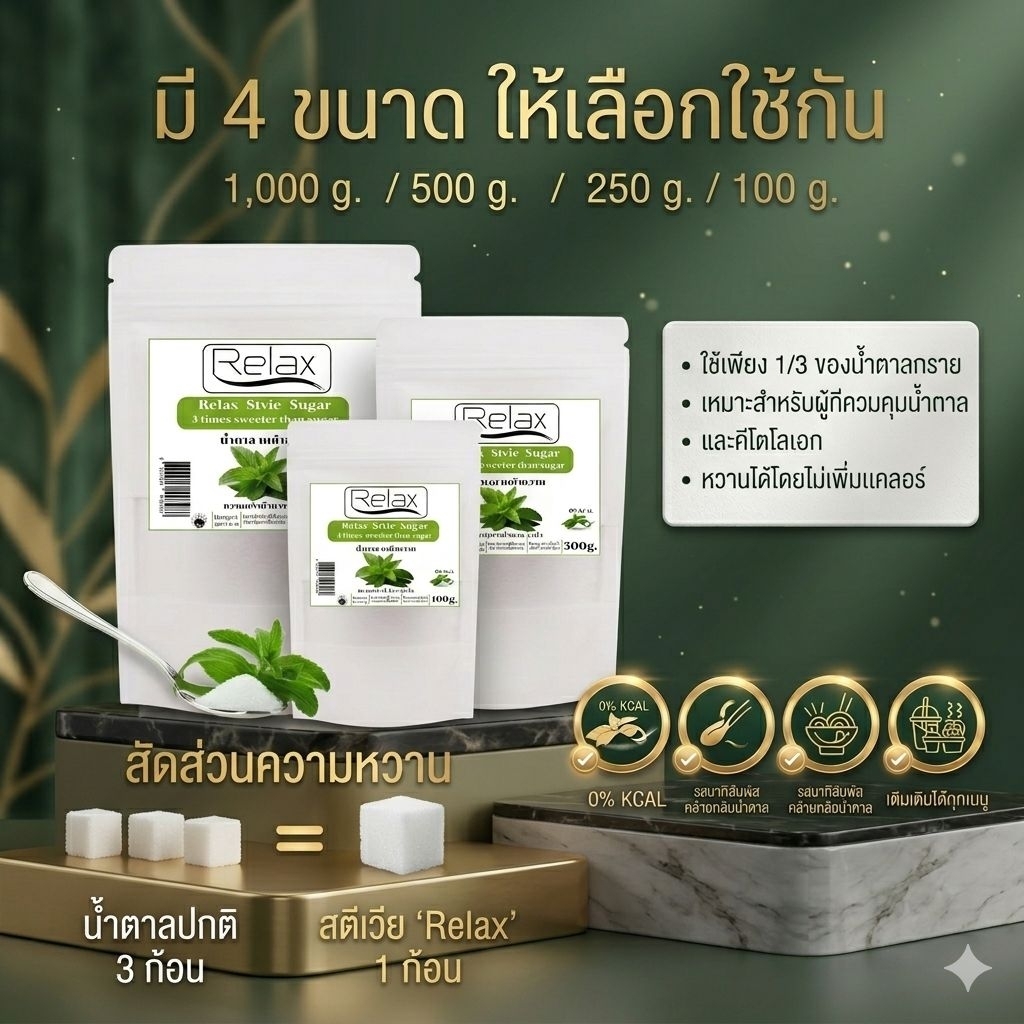 น้ำตาลหญ้าหวาน KETO Relex หวานกว่าน้ำตาล 3 เท่า มี 3 ขนาดให้คุณลูกค้าได้เลือกใช้ 100g./500g./1,000g.