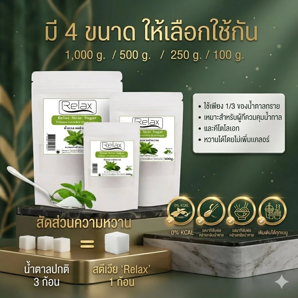 น้ำตาลหญ้าหวาน KETO Relex หวานกว่าน้ำตาล 3 เท่า มี 3 ขนาดให้คุณลูกค้าได้เลือกใช้ 100g./500g./1,000g.