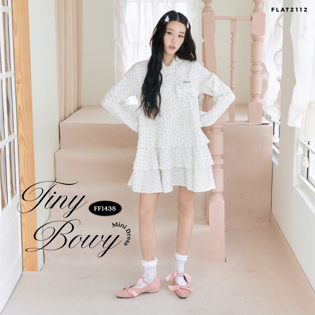 FLAT2112 : TINY BOWY MINI DRESS เดรสสั้นลายดอกไม้ เดรสสั้นคอปกเชิ้ต เดรสคอปกแขนยาวแต่งโบว์คู่ เดรสลุคคุณหนู (FF1438)
