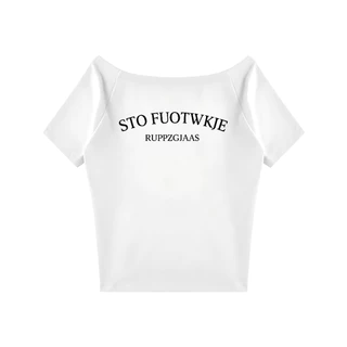 เสื้อไหล่ตกสีดำ ลายตัวอักษรเกาหลี โพลีเอสเตอร์โอเวอร์ไซส์ ใส่สบาย เปิดไหล่เซ็กซี่ แฟชั่น มินิมอล แมทช์ง่าย M-XXL