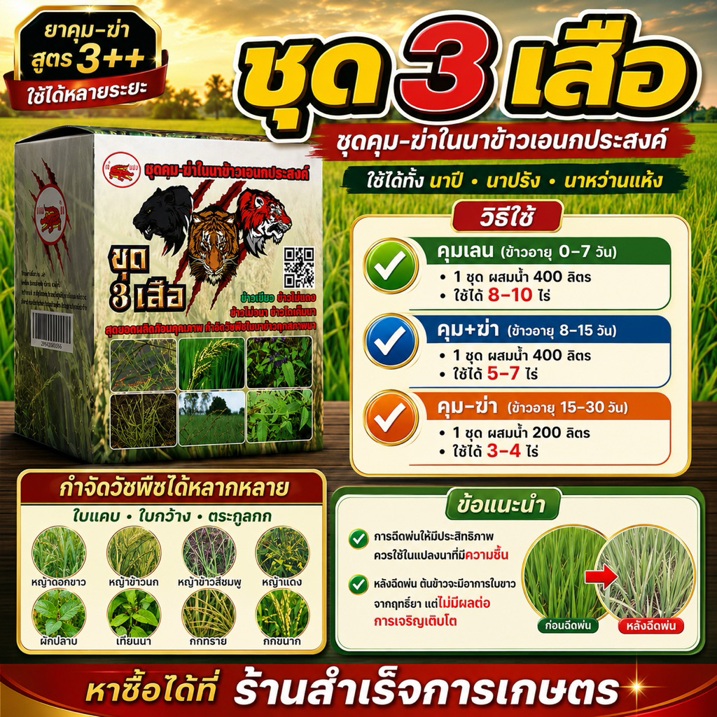 ชุดสามเสือตราเข้แดง 1ชุด (ยาคุมฆ่าหญ้าในนาข้าว)