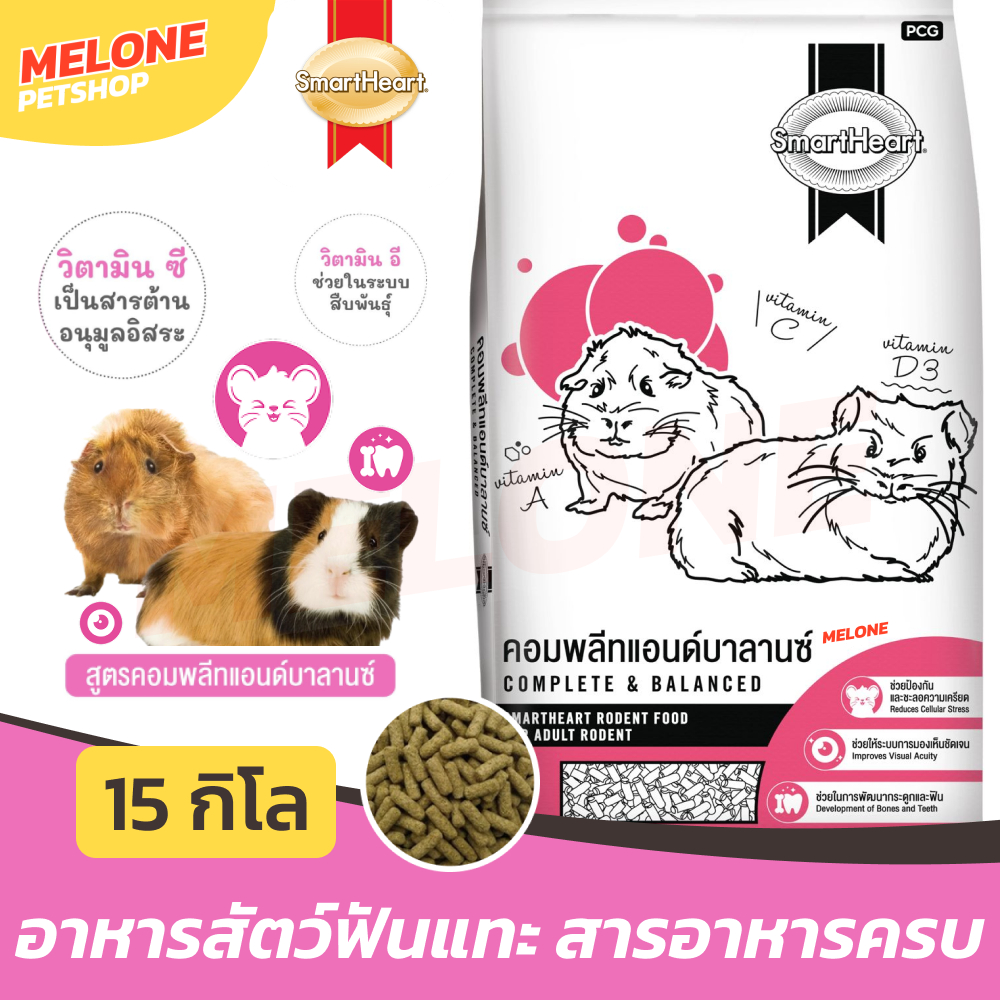 Smartheart สมาร์ทฮาร์ท สัตว์ฟันแทะ คอมพลีต เสริมภูมิ ฟันแทะ หนูตะเภา หนูแกสบี้ เมียแคท ชินชิลล่า แพรี่ด๊อก กระสอบ 15 Kg