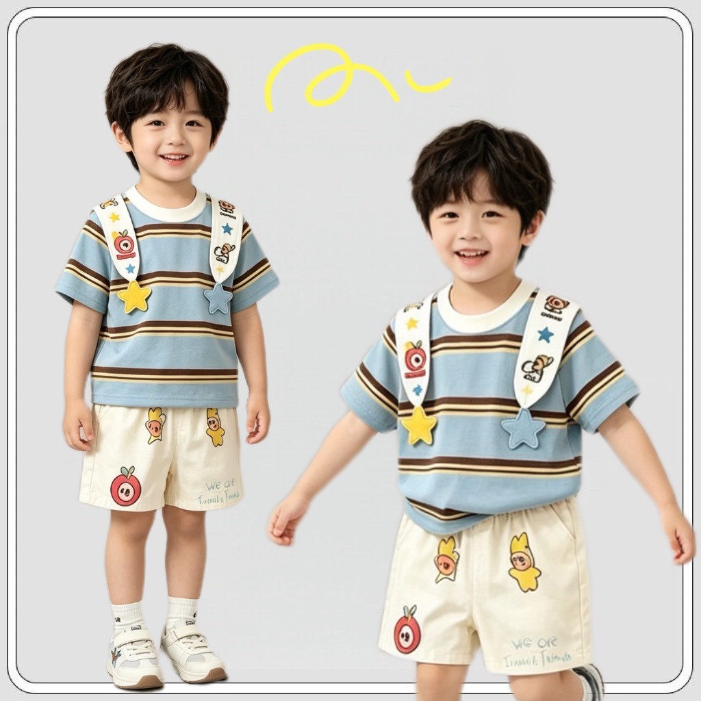 MC347  ชุดลำลองเด็กผู้ชาย หน้าร้อน เสื้อยืดลายทางฟ้า ตกแต่งดาวสองสี กางเกงสีครีมลายการ์ตูน