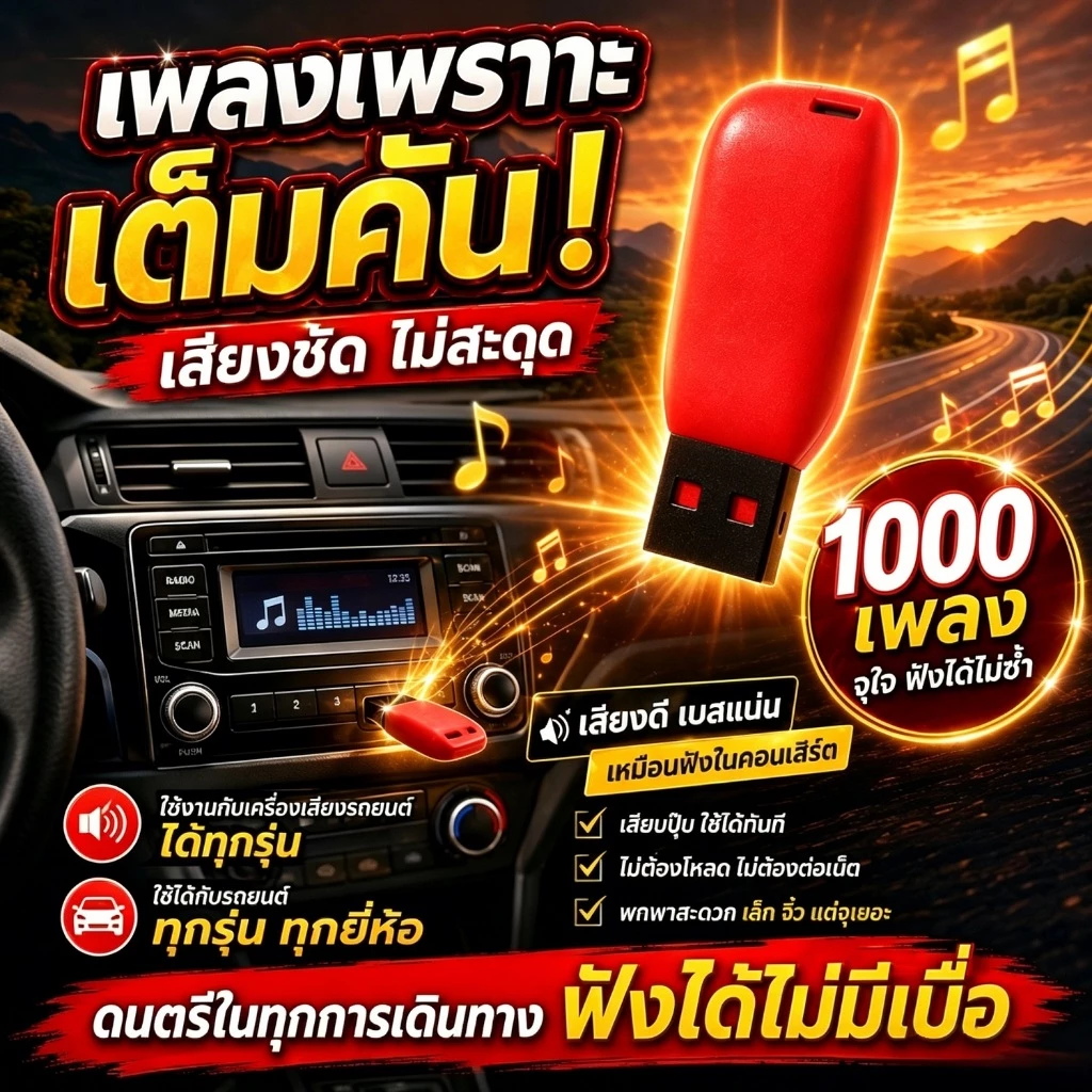 Car Music USB สำหรับเครื่องเสียงรถยนต์และลำโพง เสียบแล้วเล่นได้ทันที เอชดี คุณภาพเสียง