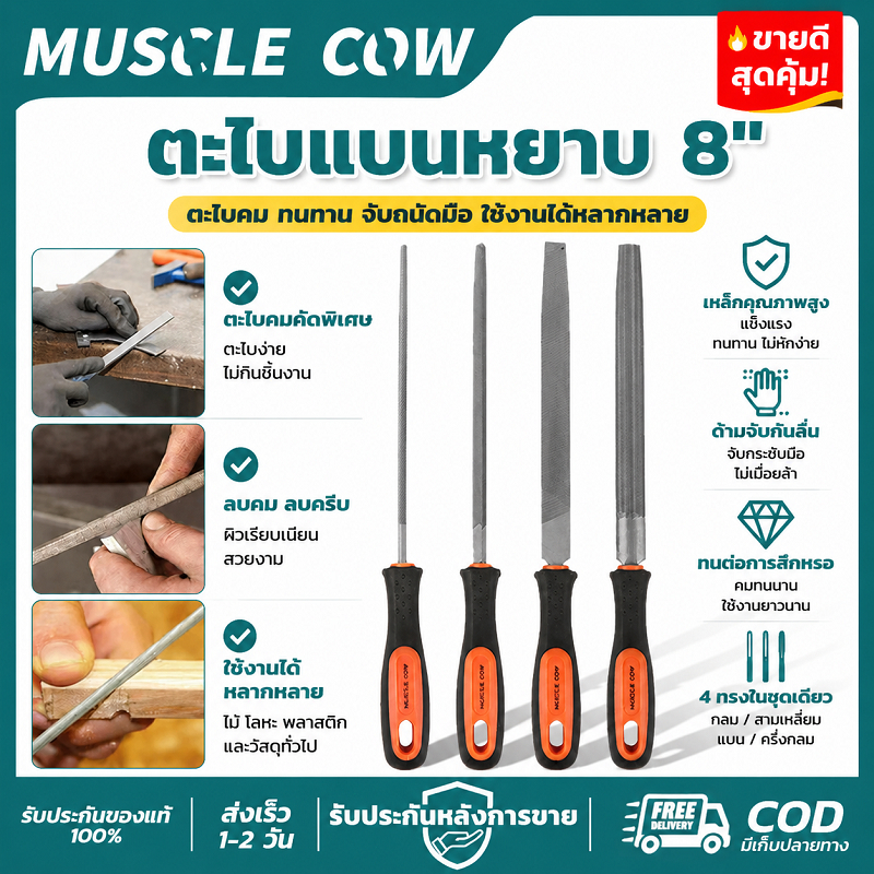MUSCLE COW ตะไบแบนหยาบ 8 นิ้ว 4ชิ้น ครีบคมชัด ทนทาน ใช้ลับเหล็กและไม้ได้ คุณภาพดี