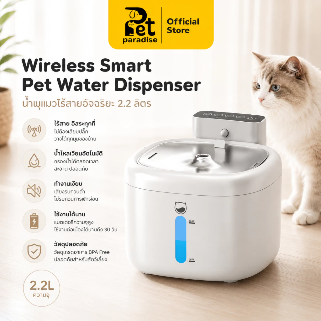 🛵ส่งทันที 🌈PetParadise.th✨น้ำพุแมวไร้สาย 2.2ลิตร Wireless Charger แบต 2600 mAh ใช้งานได้นาน 20 วัน