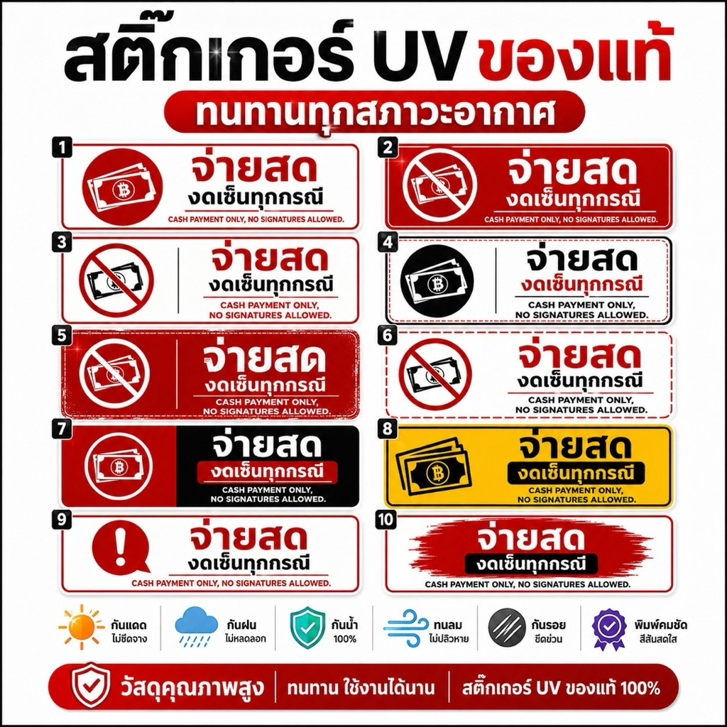 ป้ายสติกเกอร์ UV “ป้ายจ่ายสด งดเซ็นทุกกรณี“ กันน้ำ ติดทนแน่น พิมพ์ด้วยหมึก UV คุณภาพสูง