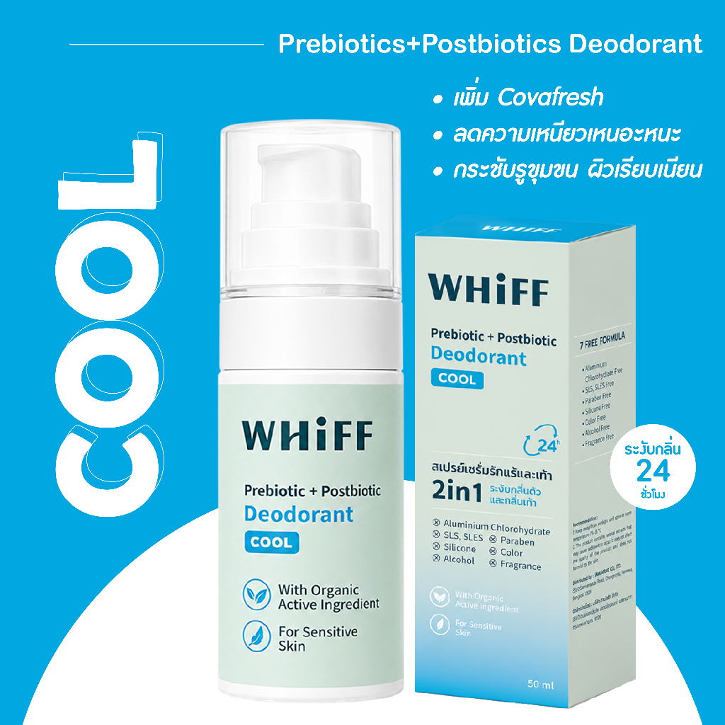 WHIFF Deodorant เซรั่ม สเปรย์ระงับกลิ่นกาย ระงับกลิ่นนาน 24 ชม. แห้งไว ปราศจากสีและกลิ่น สูตร Cool 50ml