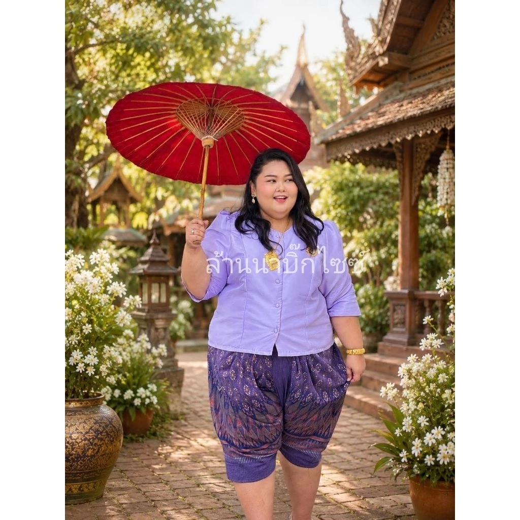 โจงกระเบนผ้าฝ้ายสาวอวบอ้วนลายไทยเอวยางยืด