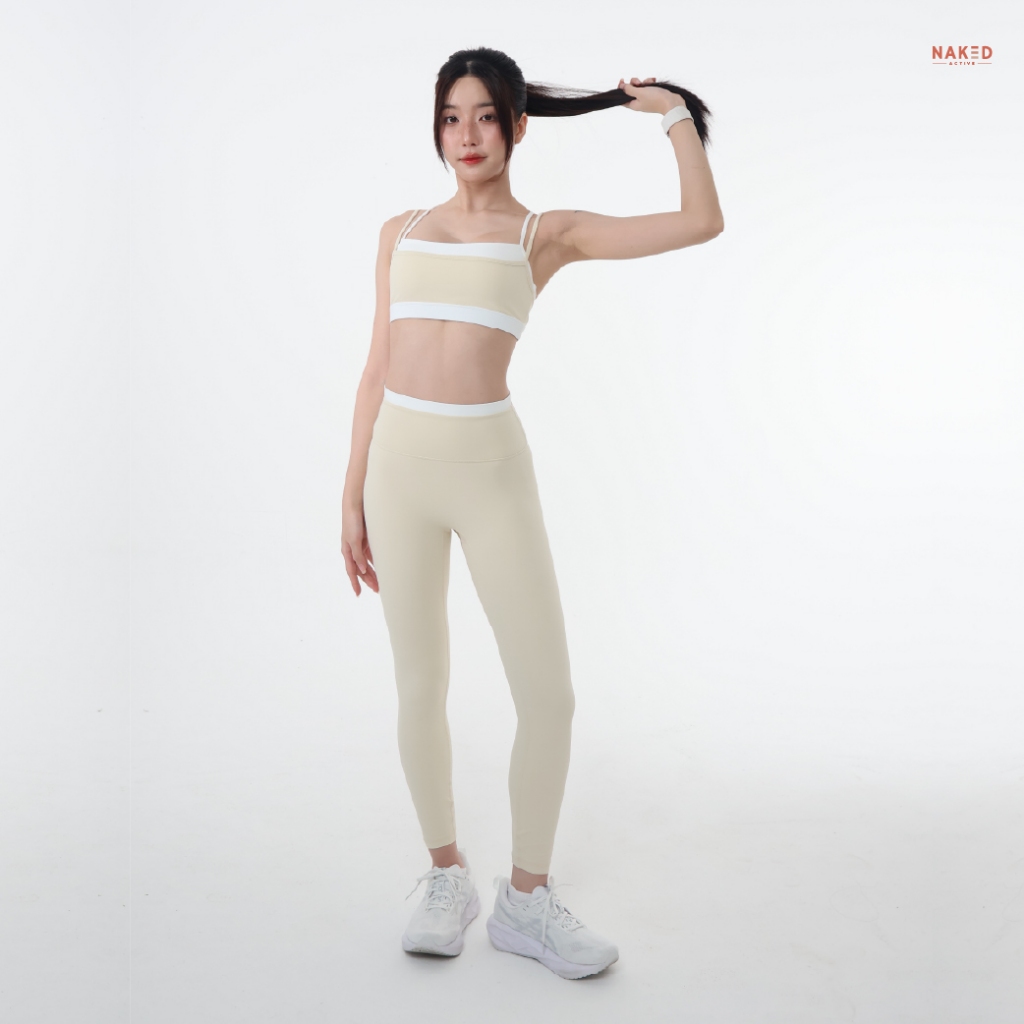 NAKED - MANTOU SET สปอร์ตบราออกกำลังกายสี 2 เลเยอร์ + เลกกิ้งขาวยาว บรามีฟองน้ำในตัว ช่วยดันทรง ผ้ากระชับ ซับเหงื่อดี