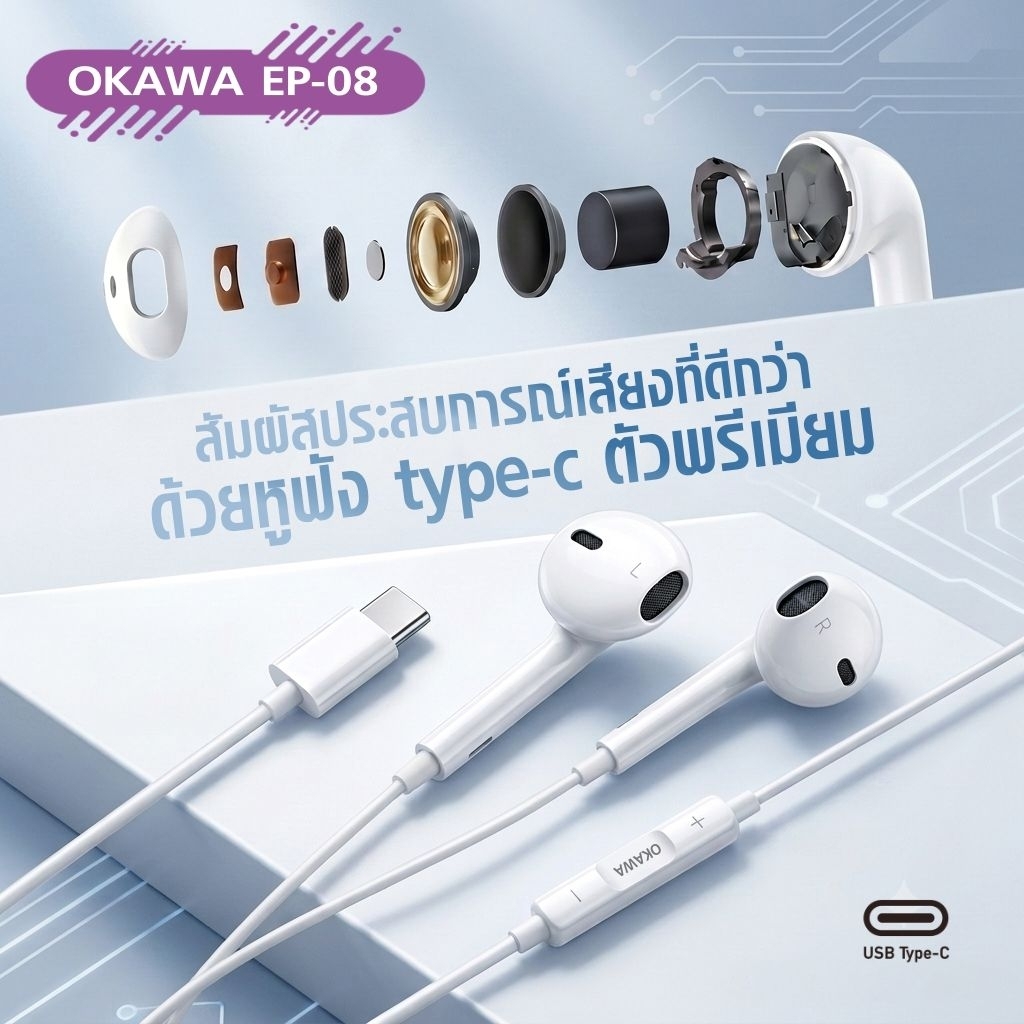 OKAWA EP-08 หูฟังเอียร์บัด Type-C เบสแน่นใช้ได้กับระบบ iOS / android