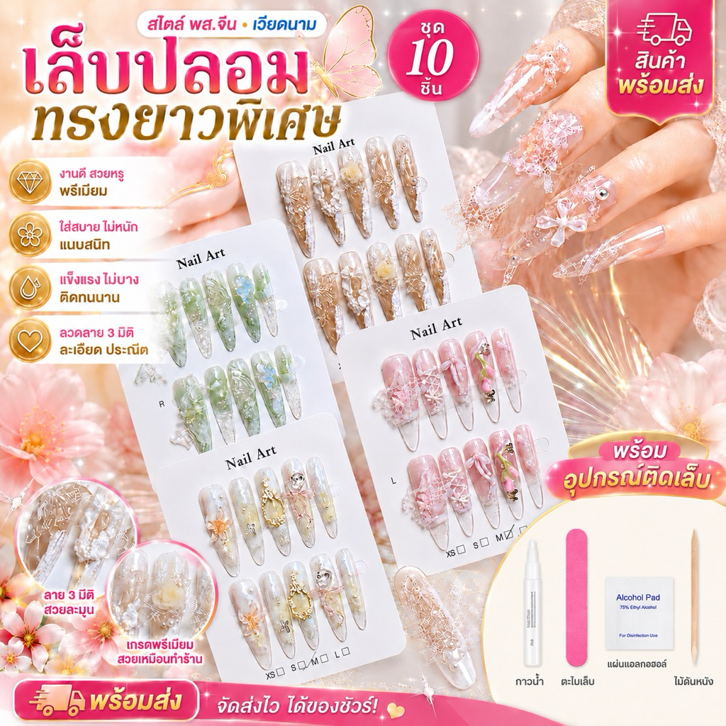เล็บปลอมทรงยาวพิเศษ พส.จีน สไตล์เวียดนาม สายฝอ พร้อมเซ็ตติด ติดเที่ยวผับ ออกงาน หรูหรา ทันสมัย อัพเดทลายใหม่เรื่อยๆ