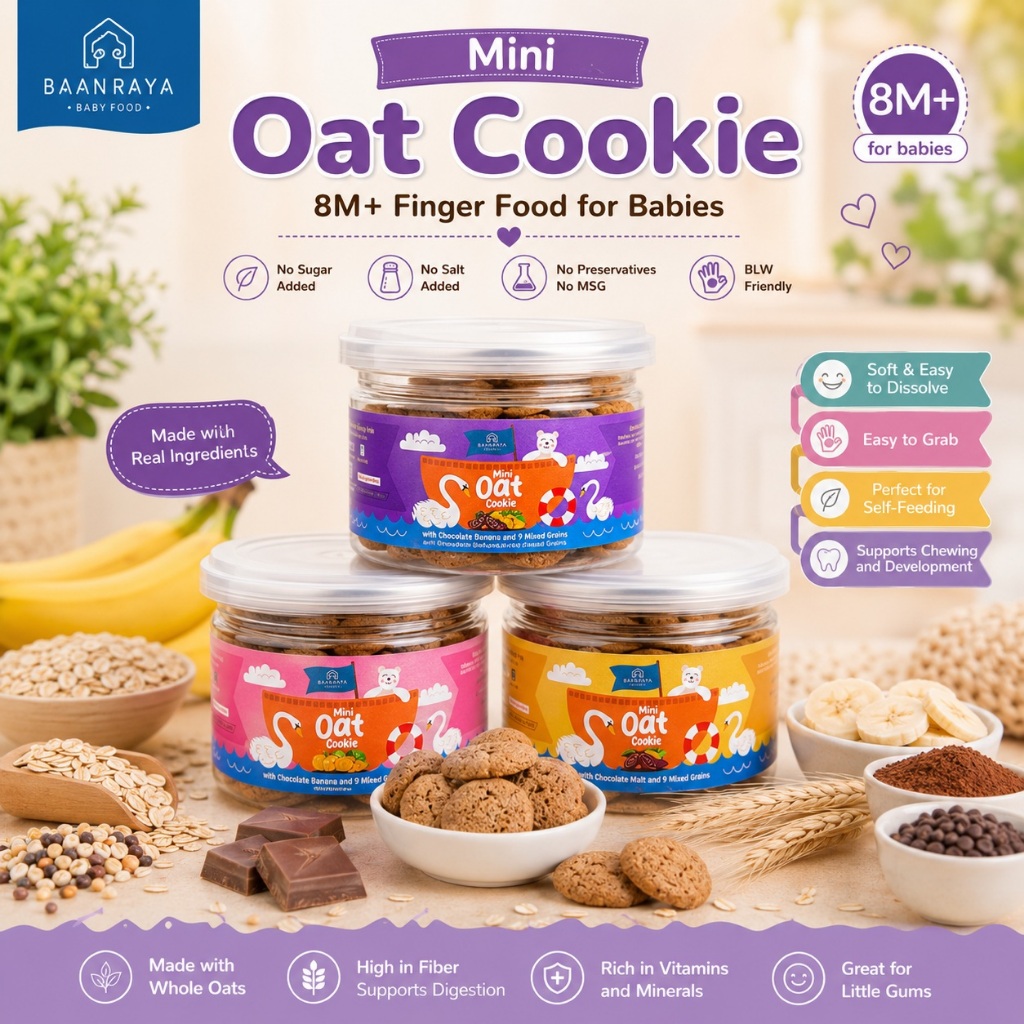 ✨ตัวช่วยลูกเบื่ออาหาร✨🍪 มินิคุกกี้เด็ก Mini Oat Cookie 8M+ Finger Food BLW ข้าวโอ๊ต ไม่เติมน้ำตาล เกลือ  สูตร Baan Raya